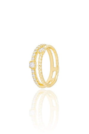 Anel Dois Filetes Pipoca Cravejado e Pontos de Luz Cristal Tamanho 20 Banhado a Ouro 18K