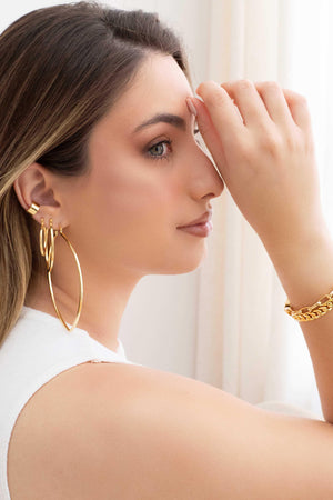 Brinco Argola Fecho Italiano Reta Elíptico Lisa 4.4cm Banhado a Ouro 18K