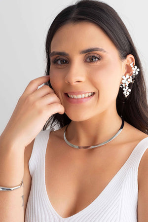 Ear Cuff Flores e Borboletas Ródio Branco