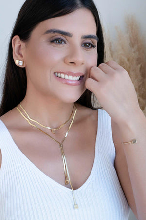 Gargantilha Gravata Malha Fita Quadrado Liso Banhado a Ouro 18K