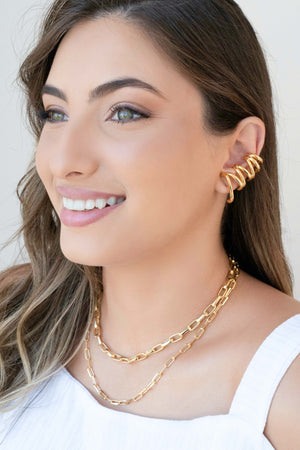 Ear Cuff Duplo 7 Filetes Liso Pressão Banhado a Ouro 18K