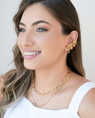 Ear Cuff Duplo 7 Filetes Liso Pressão Banhado a Ouro 18K