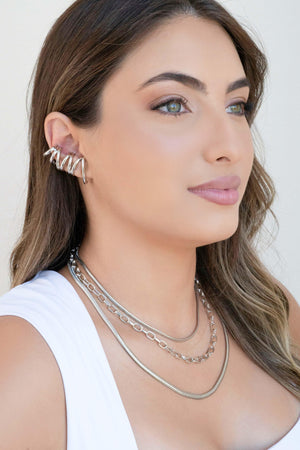 Ear Cuff Duplo 7 Filetes Liso Pressão Ródio Branco