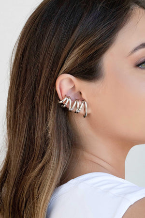 Ear Cuff Duplo 7 Filetes Liso Pressão Ródio Branco