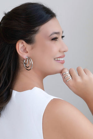 Brinco Argola Tubo Três Filetes 4.3 cm Ródio Branco