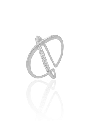 Anel Ajustável em X Cravejado Cristal Tamanho M Ródio Branco