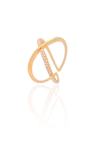 Anel Ajustável em X Cravejado Cristal Tamanho G Banhado a Ouro 18K