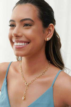 Brinco Duplo Gota Lisa Vazada Cravejado Cristal Banhado a Ouro 18K