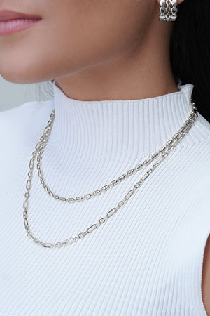 Gargantilha Dupla Elos Canutilhos Ovais com Detalhes Ródio Branco