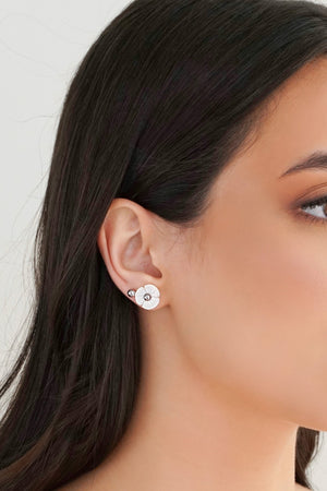 Brinco Duplo Flor Bolinha Lisa Ródio Branco