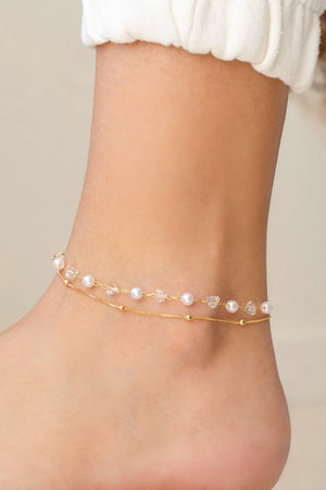 Tornozeleira Dupla Bolinhas Pérolas Cristais Banhado a Ouro 18K