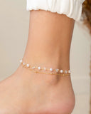 Tornozeleira Dupla Bolinhas Pérolas Cristais Banhado a Ouro 18K