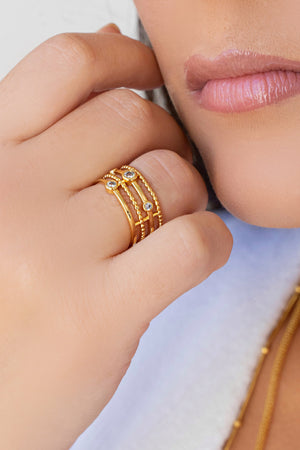 Anel Filetes Bolinhas Pontos de Luz Cristal Tamanho 20 Banhado a Ouro 18K