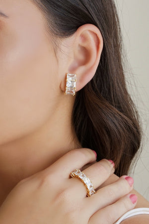 Ear Hook Retângulos Cravejado Cristal Banhado a Ouro 18K