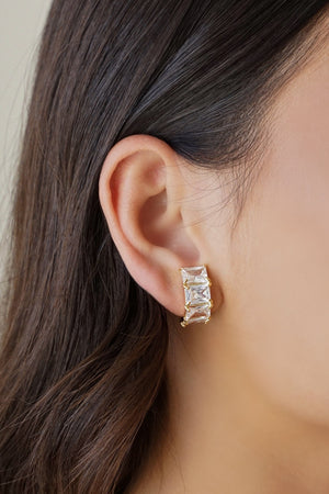 Ear Hook Retângulos Cravejado Cristal Banhado a Ouro 18K