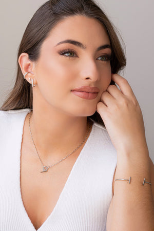 Brinco Argola Click Retangular Cravejado Cristal Ródio Branco