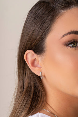 Brinco Argola Click Retangular Cravejado Cristal Ródio Branco