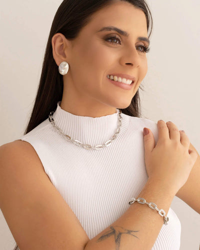 Choker Elos Ovais 9 mm Ródio Branco - 35 cm