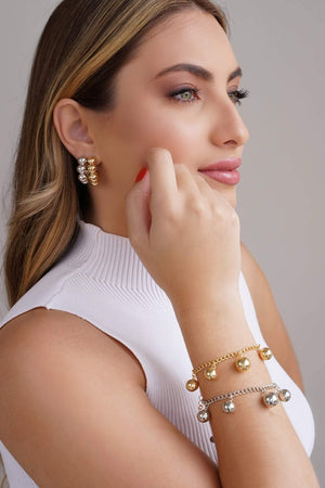 Brinco Meia Argola Bolas Lisas 2.5 cm Ródio Branco