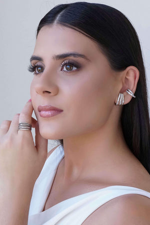Ear Hook Filetes Baguetes Cristal 2.0 cm Ródio Branco