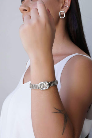 Pulseira Malha Italiana Retângulo Liso Ródio Branco