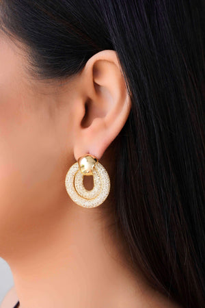 Brinco Duplo Telas Cristais 3.4 cm Banhado a Ouro 18K