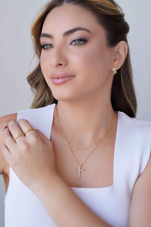 Gargantilha Veneziana Bolinhas Cruz Cravejada Cristal Banhado a Ouro 18K - 45 cm