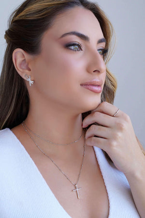 Gargantilha Veneziana Bolinhas Cruz Cravejada Cristal Ródio Branco - 45 cm