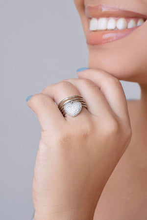 Anel Filetes Coração Cravejado Tamanho 15 Ródio Branco