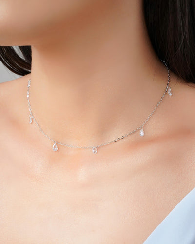 Choker Elos Gotas Cristais Ródio Branco - 31 cm