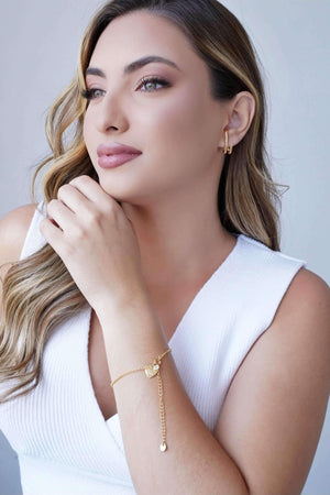 Pulseira Elos Pingente Coração Gato Ponto de Luz Cristal Banhado a Ouro 18K