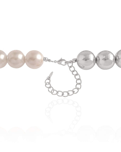 Colar Bolas Lisas e Pérolas Ródio Branco - 40 cm