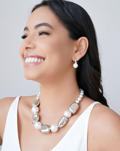Colar Orgânicos e Pérolas Ródio Branco - 40 cm