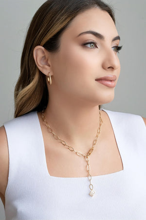 Gargantilha Gravata Elos Ovais Cubo Ponto de Luz Cristal Banhado a Ouro 18K - 45 cm