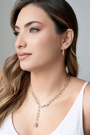 Gargantilha Gravata Ajustável Elos Ovais Cubo Ponto de Luz Cristal Ródio Branco - 45 cm