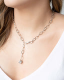 Gargantilha Gravata Ajustável Elos Ovais Cubo Ponto de Luz Cristal Ródio Branco - 45 cm