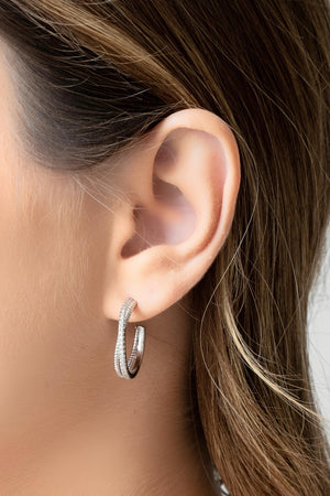 Brinco Argola Entrelaçada Cravejada Cristal 2.2 cm Ródio Branco