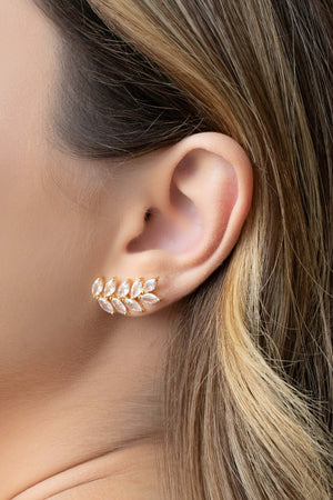 Ear Cuff Folha Navetes Cristal Banhado a Ouro 18K