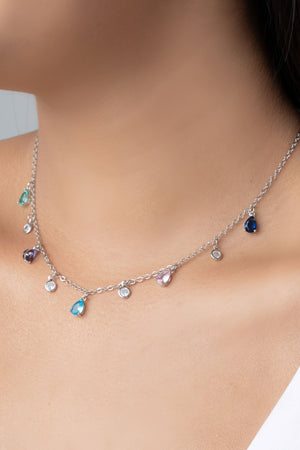 Choker Elos Gotas Coloridas e Pontos de Luz Cristal Ródio Branco