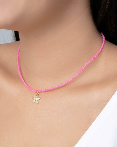 Choker Miçanga Rosa Estrela do Mar Banhado a Ouro 18K - 32 cm