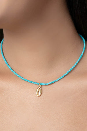 Choker Miçanga Verde Água Búzio Banhado a Ouro 18K