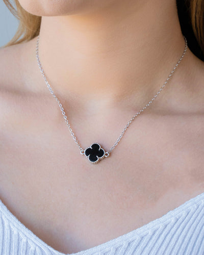 Choker Elos Trevo Preto Ródio Branco - 34 cm