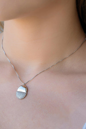 Gargantilha Veneziana Oval Liso e Cravejado Cristal Ródio Branco - 40 cm