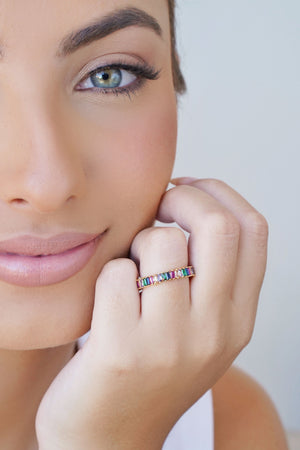 Anel Baguetes Coloridas Tamanho 14 Banhado a Ouro 18K