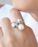 Anel Ajustável Bolas Pérola Tamanho G Ródio Branco