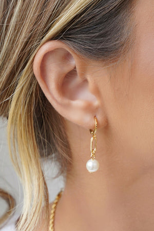 Brinco Argola Click Elo Oval Pérola 3.5 cm Banhado a Ouro 18K