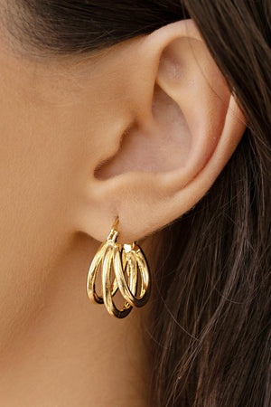 Brinco Argola Fecho Italiano Três Filetes Tubo 2.3 cm Banhado a Ouro 18K