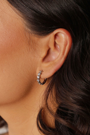 Brinco Argola Click Estrelas Cravejada Cristal 1.7 cm Ródio Branco