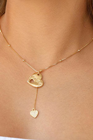 Gargantilha Gravata Bolinhas Coração Mãe Cravejado Cristal Banhado a Ouro 18K - 45 cm