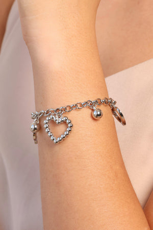 Pulseira Elos Corações e Bolas Lisas Ródio Branco